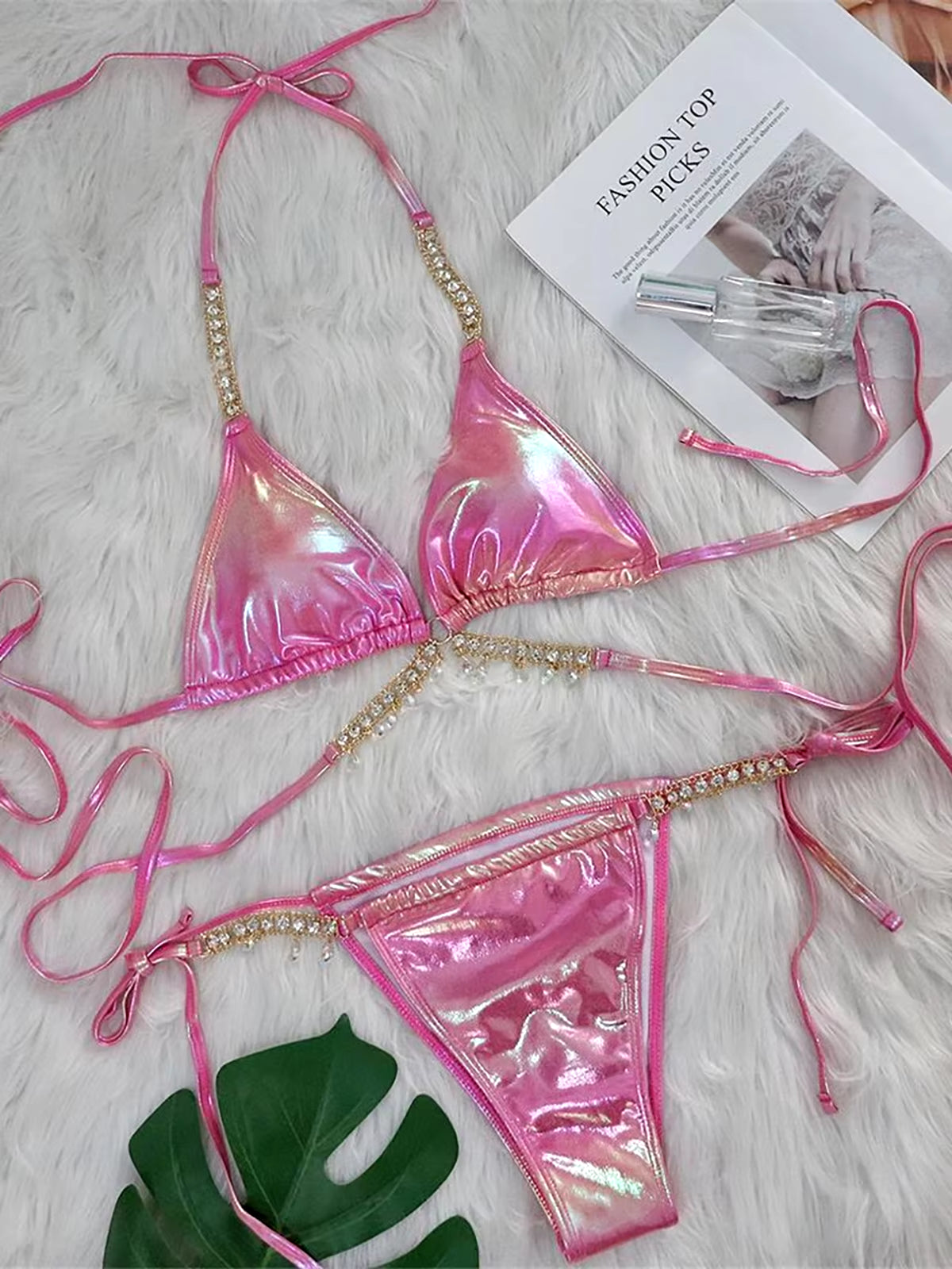 Diamond Rhinestones PU Faux Leather Bikini Female Swimsuit Women Swimwear Two-Pieces Bikini Set Bather Bathing Suit Swim K5131