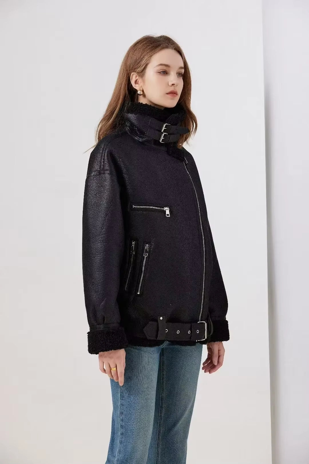Fashion Winter Warm Faux Fur Jacket Women Long Sleeve Moto Biker Zipper Jackets Coat Female Autumn Casual Lapel Coat