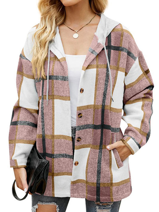 Flannel Shirts for Women Button down Plaid Shirt Hooded Shacket Jacket with Pocket