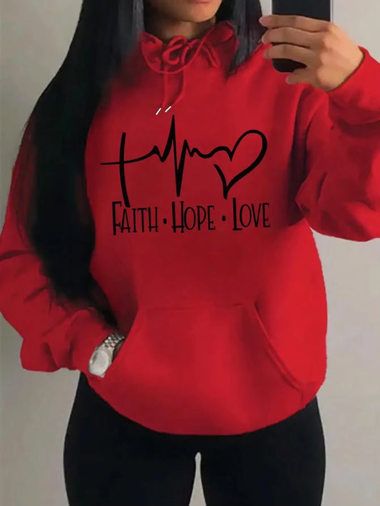 Faith Hope Love Letter Graphic Women Hoody Street Casual Loose Sweatshirt Autumn Fleece Hooded Hip Hop O-Neck Clothing Female