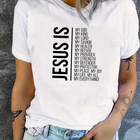 Jesus Is Print Faith Graphic Harajuku T-Shirt, Short Sleeve Crew Neck Casual Top for Spring & Summer, Women'S Clothing