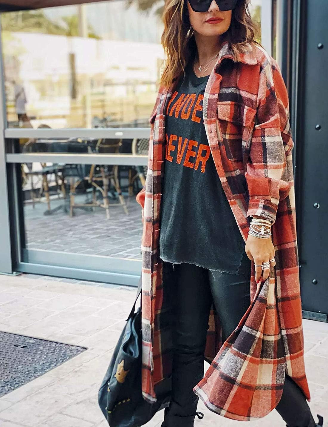 Women'S Lounge Lapel Button up Long Sleeve Plaid Long Shirt Jacket Shacket